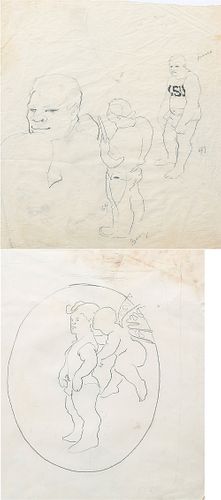 George Valentine Dureau (1930-2014, New Orleans), "Portrait of Three Men," and "Portrait of a Dwarf and a Putto in a Circle," two ch...