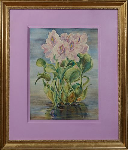 Anne Held (Texas), "Purple Lilies," 20th c., watercolor, signed lower right., presented in a bright gilt frame, H.- 15 in., W.- 11 in.