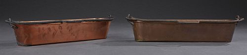 Two French Copper Fish Poaching Pans, late 19th c., with folding iron handles, Larger- H.- 4 1/2 in., W.- 24 1/6 in., D.- 7 1/2 in.