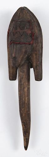 West African carved ceremonial Janus wand of the Bambara (Bamana) people, with fabric and leather