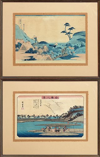 Two Japanese Woodblock Prints, 20th c., one of women gathering clams, the other of workers on a hillside, presented in polychromed a...