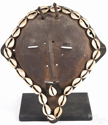 West African iron Bambara (Bamana) mask with seashell and leather detailing, 9 1/2'' h.
