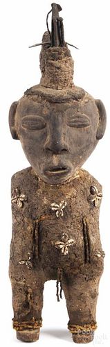 Central African carved fetish figure of the Songe (Songye) people, with metal, hide, and shell detail