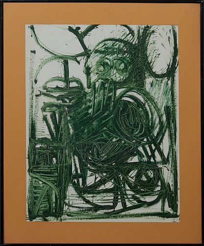 Patrick Boudon (1944-1988, French), "Abstract in Green," 20th c., gouache on paper, unsigned, presented in a black metal frame, H.-...