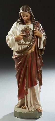 Polychromed Plaster Statue of Jesus, 20th c., H.- 43 in., W.- 16 in., D.- 10 in.