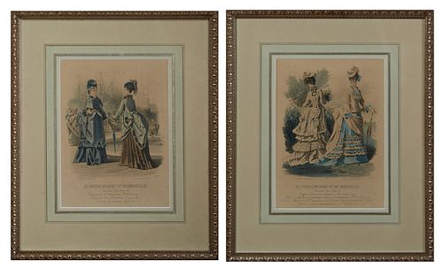 Pair of French Colored Fashion Prints, late 19th c., from "Le Journal des Dames et des Demoiselles," presented in silver gilt and ge...