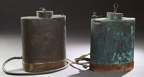 Two French Provincial Copper Bug Sprayers, 19th c., one with leather straps to be worn, H.- 19 in., W.- 14 in., D.- 7 1/2 in., (2 Pcs.)