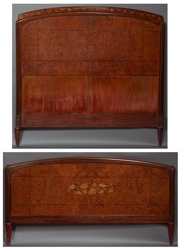 French Inlaid Carved Mahogany Headboard and Footboard, c.1930, the arched floral inlaid crown over a burled walnut headboard flanked...