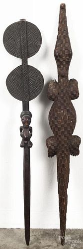 African carved crocodile figure, by the Bobo people, with iron eyes and teeth, 32 1/4'' l.