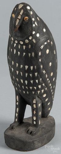 Solomon Islands carved owl with mother-of-pearl and shell inlay, 19th/20th c., 12 1/4'' h.