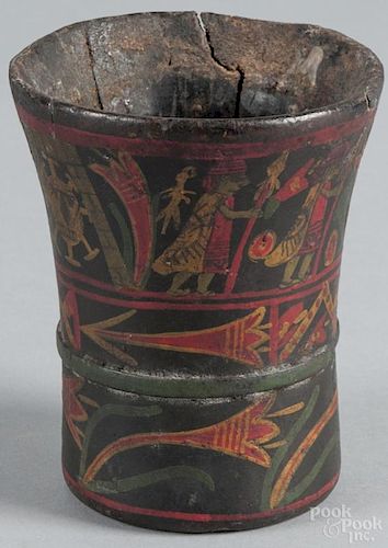 Inca painted wood Kero cup decorated with figures and flowers, 5 1/4'' h. Provenance: DeHoogh Gallery