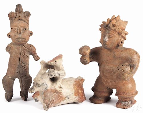 Pre-Columbian ceramic male figure, 7 3/4'' h., together with two early South American pottery figures