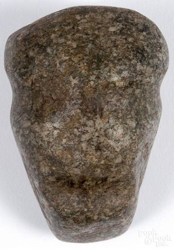 Mexican pre-Columbian Mezcala stone head in green and white porphyry, 2 3/4'' h.