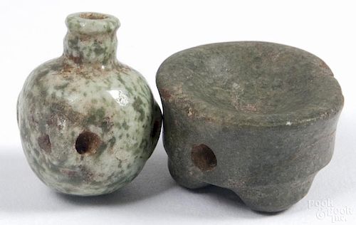 Two Mezcala pre-Columbian jade miniature vessels, bottle - 1'' h., stand - 5/8'' h.