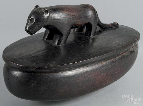 Covered wood bowl with carved jaguar decoration on lid, 12 1/2'' h., 19 1/2'' l.