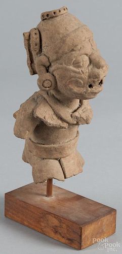 Early Mesoamerican terra cotta humanoid jaguar figure, in the Mayan style, 9 1/2'' h.