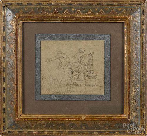 Continental ink study of three figures, 17th/18th c., 5 1/4'' x 6''. Provenance: DeHoogh Gallery