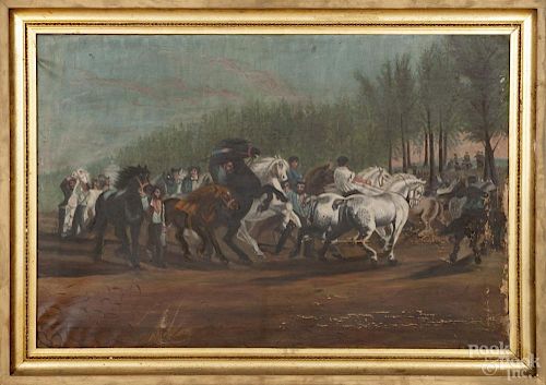 Primitive oil on canvas, ca. 1900, depicting a train of horses, 27 3/4'' x 42''.