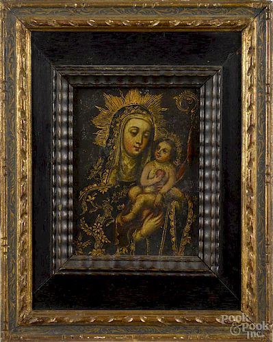 Continental oil on tin icon, 19th c., of the Holy Mother and Child, with gilt accents, 5 3/4'' x 4''.