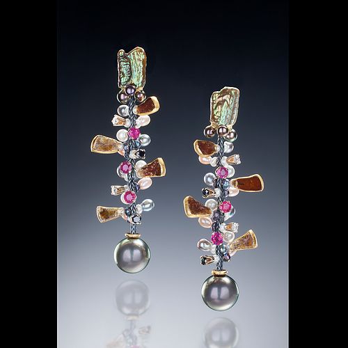 Diamond, Ruby and Tahitian pearl Vine earrings