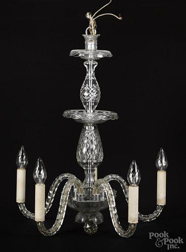 Cut glass, five-arm chandelier, early 20th c., with multiple levels of hung prisms, 37'' h., 23'' w.