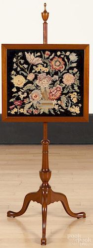 Queen Anne style mahogany pole screen with a needlework panel, 53'' h.
