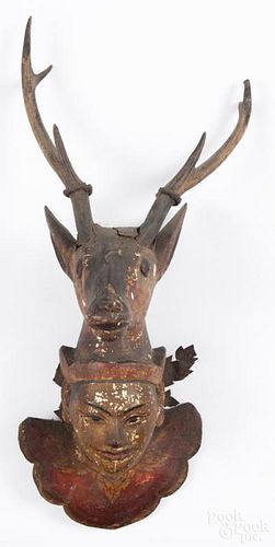 Carved and painted wall plaque of a stag and man's head, 19th c., 18'' h. Provenance: DeHoogh Gallery