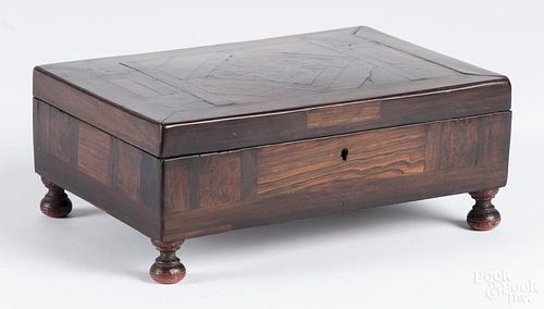 English mixed woods veneer dressing box, 18th c., the interior fitted with a mirror and cut paper