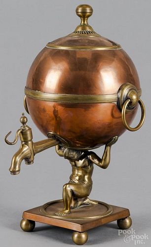 English brass and copper water urn, 19th c., depicting Atlas holding the globe, 12 1/2'' h.