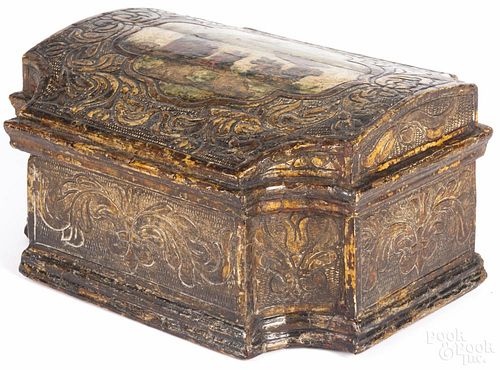 Continental carved and painted pine dresser box, late 19th c., 6 1/2'' h., 12 1/2'' w.