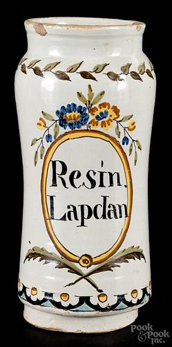 Italian faience apothecary jar, 18th c., inscribed Resin Lapdan, 10 1/2'' h.