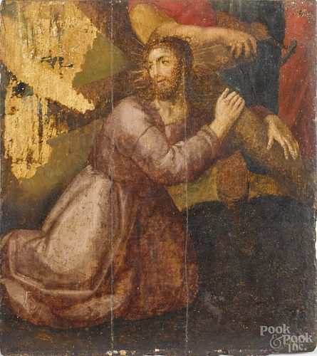 Continental oil on panel of Christ bearing the cross, 18th c., 15'' x 13 1/4''.