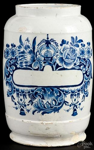 Delft blue and white apothecary jar, 18th c., 12'' h. Provenance: DeHoogh Gallery, Philadelphia.