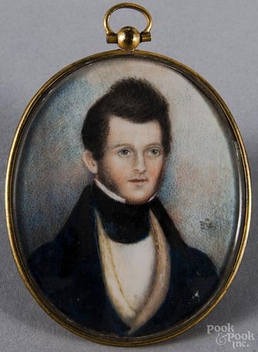 English miniature watercolor on ivory portrait of a young man, ca. 1830, initialed B.G.