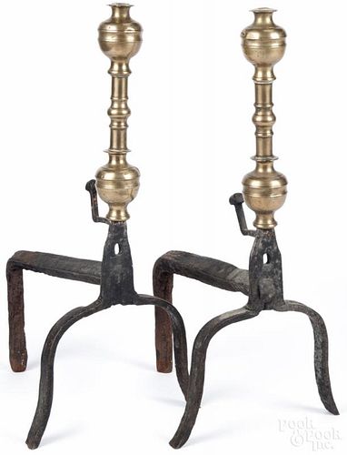 Pair of Continental brass and wrought iron andirons, early 18th c., 22 1/2'' h.