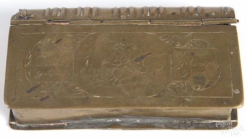 Dutch engraved brass book-form snuff box, ca. 1800, 2 1/2'' h., 4 1/2'' w.