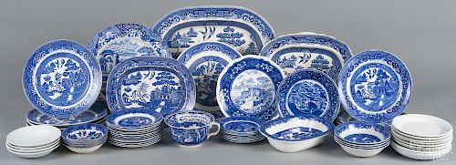 Forty-eight pieces of assorted blue and white Staffordshire dinnerware, after the Blue Willow pattern