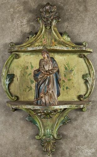 Italian painted hanging shelf, early 20th c., with a figure of the Virgin, 26'' h.