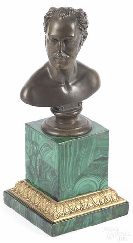 French patinated bronze bust of a gentleman, late 19th c., on a malachite base, 7 1/4'' h.