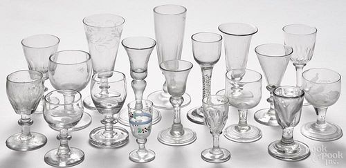 Eighteen assorted blown glass cordials and stemware, 19th c.