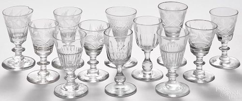 Twelve blown and molded glass cordials, 18th/19th c., to include three pairs