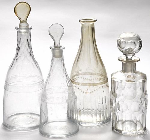 Three tapered glass decanters, 19th c., with etching and cut decoration, tallest - 11 1/2''