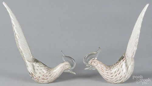 Pair of Murano style art glass birds, likely pheasants, 9 1/4'' h., 6'' w.