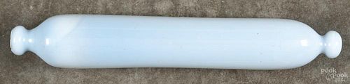 Light blue opalescent blown glass rolling pin, 19th c., having one round and one open end, 13'' l.