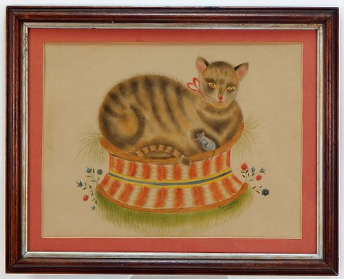 Antique American Folk Art Theorem Cat Painting
