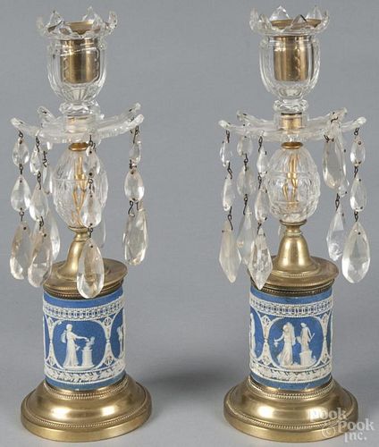 Pair of brass, glass, and jasperware candleholders, ca. 1900, 13'' h.