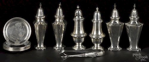 Six sterling silver shakers, together with seven Kirk condiment dishes and sugar tongs, 14.3 ozt.