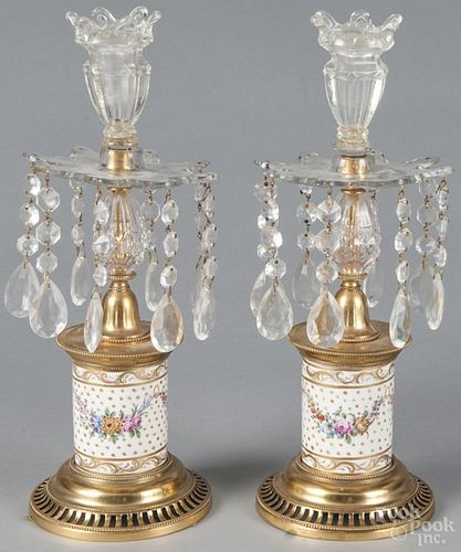Pair of brass, porcelain, and glass candleholders, ca. 1900, 13 1/2'' h.