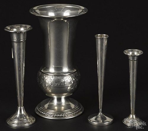 Four weighted sterling silver vases, tallest - 9''.