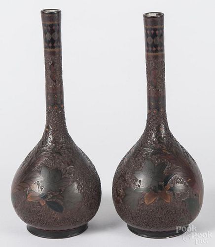 Pair of Japanese cloisonné on porcelain vases, early 20th c., 9 1/2'' h.